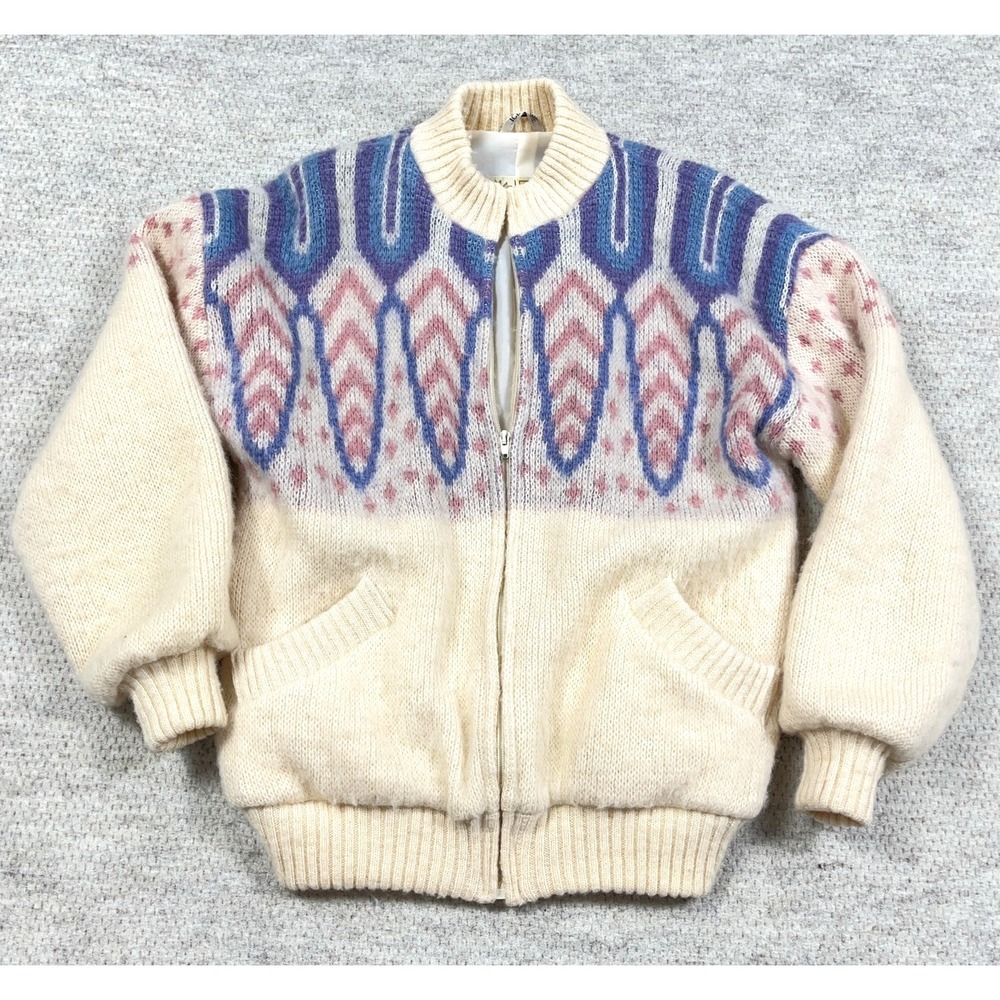 Vintage Iceware Sweater Women Medium Cream White Wool‎ Bomber 70s 80s Nordic Zip